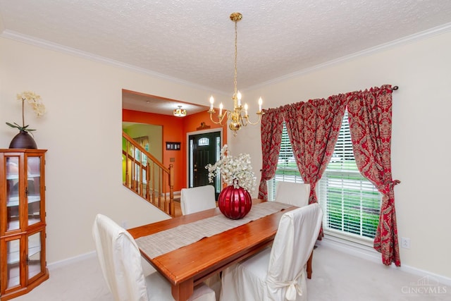 2220 Sulky Ct, Beavercreek Twp, OH 45434 - carpeted dining area featuring a chandelier, a textured ceiling, crown molding, and stairway
