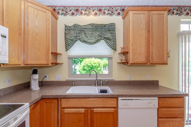 2220 Sulky Ct, Beavercreek Twp, OH 45434 - kitchen featuring white appliances, open shelves, light brown cabinetry, and dark countertops