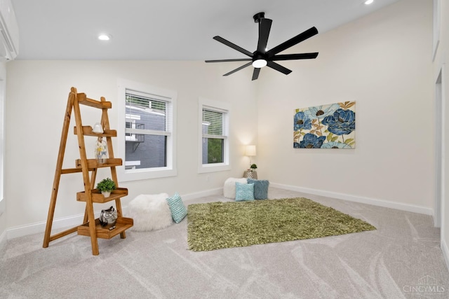 4249 Chambers St, Cincinnati, OH 45223 - living area featuring carpet floors, ceiling fan, vaulted ceiling, and recessed lighting