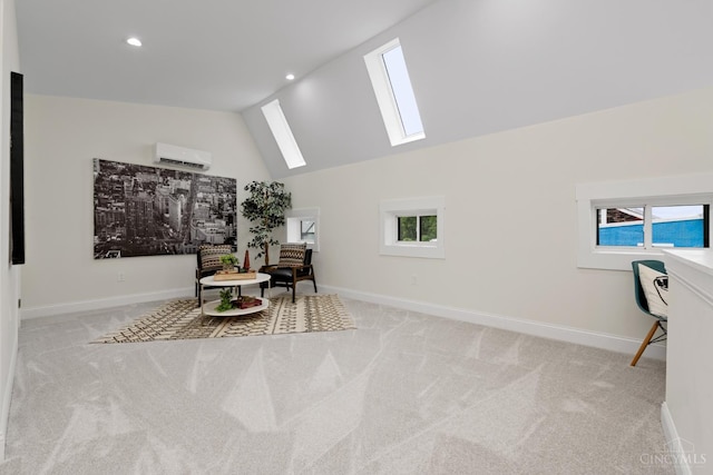 4249 Chambers St, Cincinnati, OH 45223 - living area featuring a skylight, a wall mounted air conditioner, light colored carpet, recessed lighting, and high vaulted ceiling