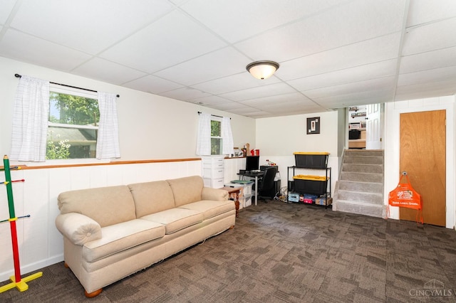 8558 High Trail Ct, Deerfield Twp, OH 45040 - carpeted living area featuring stairway, plenty of natural light, a paneled ceiling, and a desk