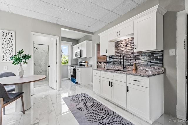 3997 Washington Ave, Cheviot, OH 45211 - kitchen featuring stainless steel appliances, light marble finish flooring, white cabinetry, tasteful backsplash, and stone countertops