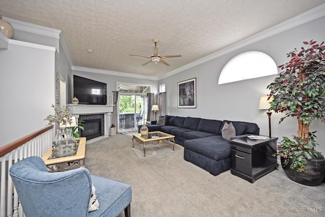 4154 Fieldsedge Dr, Mason, OH 45040 - living room featuring carpet, ceiling fan, a fireplace with flush hearth, and crown molding