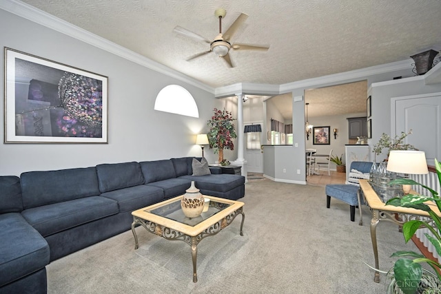 4154 Fieldsedge Dr, Mason, OH 45040 - living area with ornamental molding, a ceiling fan, decorative columns, a textured ceiling, and light colored carpet