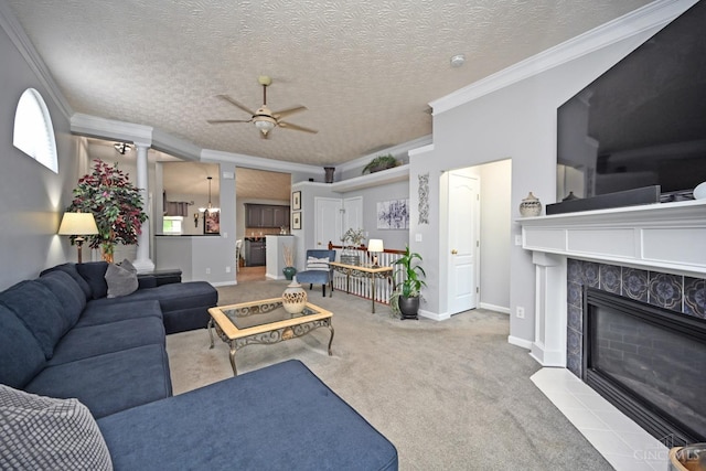 4154 Fieldsedge Dr, Mason, OH 45040 - carpeted living area featuring crown molding, ceiling fan, a fireplace, and a textured ceiling