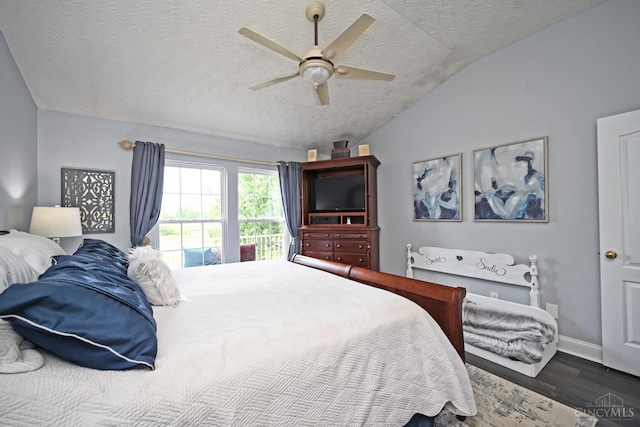 4154 Fieldsedge Dr, Mason, OH 45040 - bedroom with a textured ceiling, dark wood finished floors, vaulted ceiling, and ceiling fan