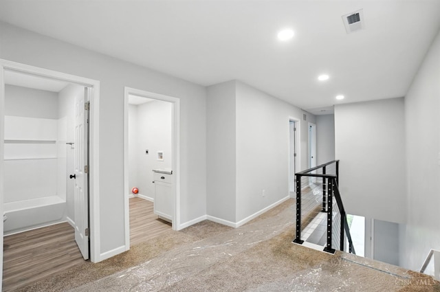 152 N College St, Sabina, OH 45169 - corridor featuring an upstairs landing, light carpet, and recessed lighting