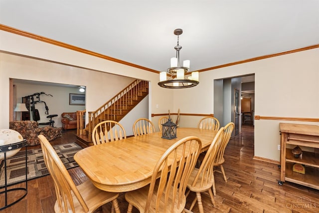 3067 Sugartree Rd, Tate Twp, OH 45106 - dining area with a chandelier, stairs, ornamental molding, and hardwood / wood-style flooring
