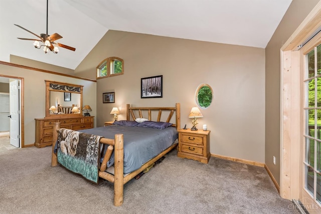 3067 Sugartree Rd, Tate Twp, OH 45106 - carpeted bedroom featuring high vaulted ceiling, a ceiling fan, and ensuite bathroom