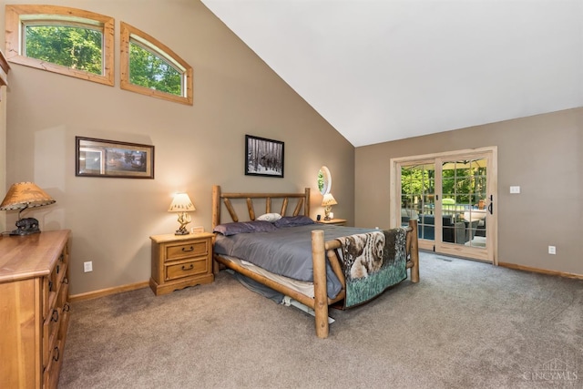 3067 Sugartree Rd, Tate Twp, OH 45106 - bedroom with access to outside, high vaulted ceiling, and light colored carpet