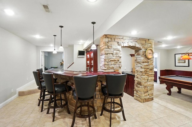 7070 Ravens Run, Anderson Twp, OH 45244 - indoor bar featuring light tile patterned floors, pool table, decorative columns, hanging light fixtures, and recessed lighting