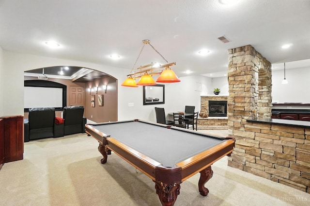 7070 Ravens Run, Anderson Twp, OH 45244 - rec room featuring carpet, arched walkways, a fireplace, and billiards