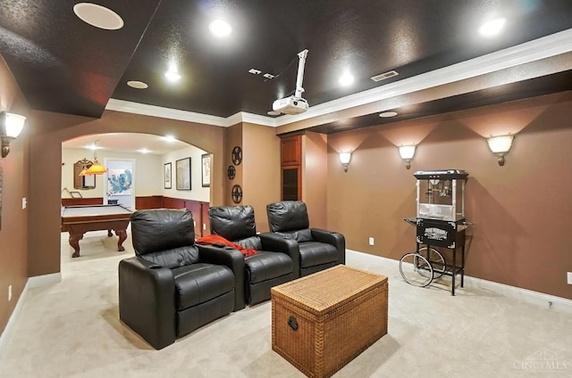 7070 Ravens Run, Anderson Twp, OH 45244 - home theater featuring arched walkways, light colored carpet, billiards table, ornamental molding, and recessed lighting