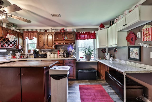 1851 Parker Rd, Goshen Twp, OH 45150 - kitchen with dark wood-type flooring, decorative backsplash, butcher block countertops, and a ceiling fan