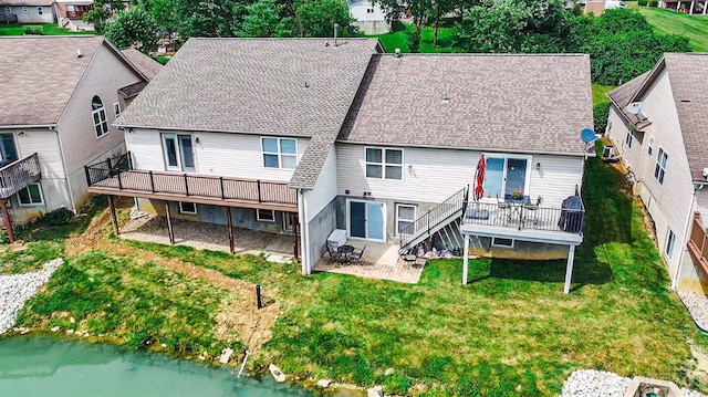 3435 Kleeman Lake Ct, Cincinnati, OH 45211 - rear view of property featuring a deck with water view, a patio, a residential view, and stairway