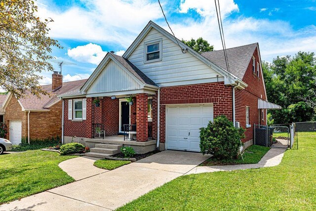 4213 Alex Ave, Cheviot, OH 45211 - bungalow-style home featuring a garage, brick siding, covered porch, a gate, and concrete driveway