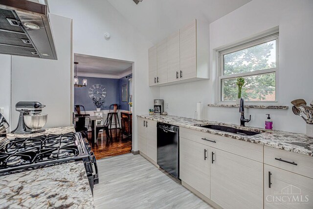 4213 Alex Ave, Cheviot, OH 45211 - kitchen featuring black appliances, range hood, light wood finished floors, white cabinetry, and a chandelier