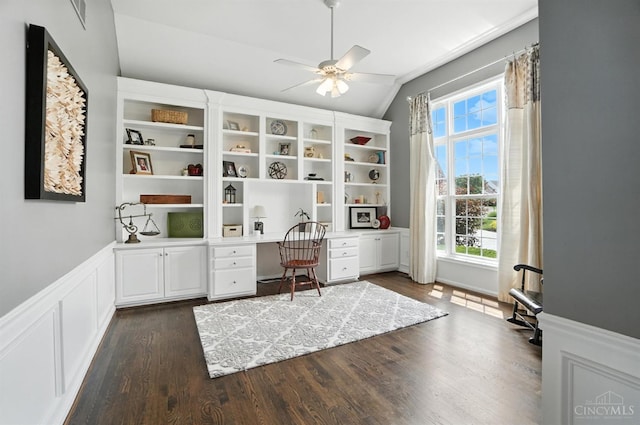 4048 Frye Park Cir, Mason, OH 45040 - office space featuring lofted ceiling, a ceiling fan, plenty of natural light, dark wood-style flooring, and wainscoting