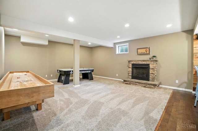 4048 Frye Park Cir, Mason, OH 45040 - recreation room featuring recessed lighting and a stone fireplace