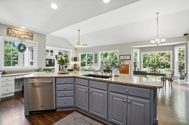 4048 Frye Park Cir, Mason, OH 45040 - kitchen with gray cabinets, stainless steel dishwasher, vaulted ceiling, open floor plan, and dark wood-style flooring