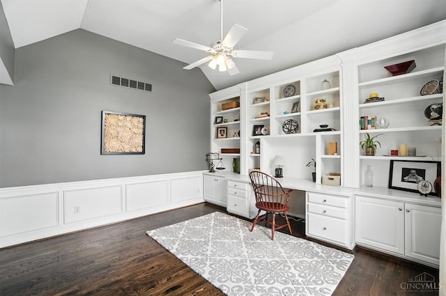 4048 Frye Park Cir, Mason, OH 45040 - office featuring built in desk, vaulted ceiling, a ceiling fan, and dark wood-style floors