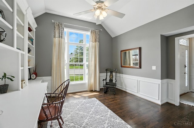 4048 Frye Park Cir, Mason, OH 45040 - office with vaulted ceiling, dark wood-style floors, a ceiling fan, and a wainscoted wall