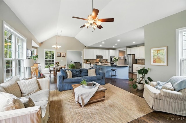 4048 Frye Park Cir, Mason, OH 45040 - living area featuring a chandelier, dark wood-style flooring, lofted ceiling, a ceiling fan, and recessed lighting
