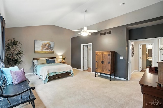 4048 Frye Park Cir, Mason, OH 45040 - bedroom featuring light carpet, vaulted ceiling, and a ceiling fan