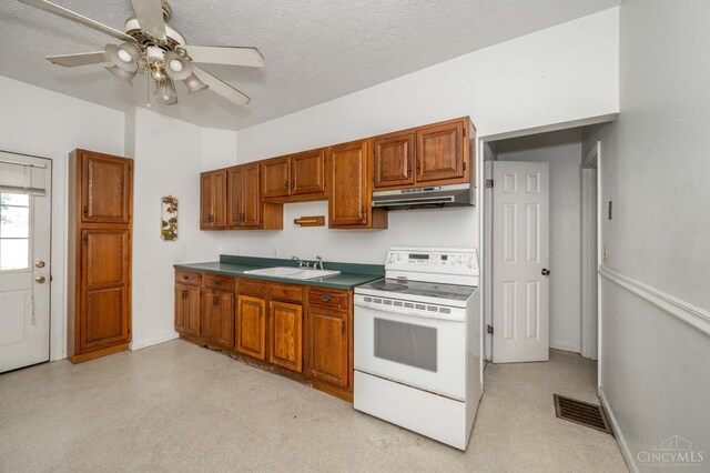 5653 Prosser Ave, Elmwood Place, OH 45216 - kitchen featuring electric range, under cabinet range hood, ceiling fan, brown cabinets, and a textured ceiling