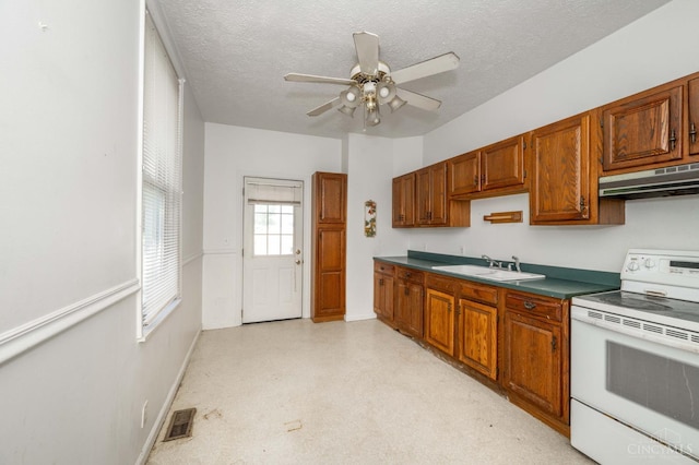 5653 Prosser Ave, Elmwood Place, OH 45216 - kitchen featuring white range with electric cooktop, under cabinet range hood, a ceiling fan, a textured ceiling, and brown cabinets