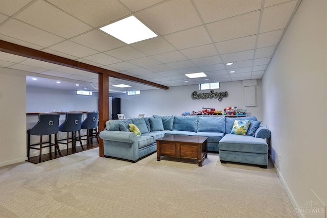5681 Thomaridge Ct, Green Twp, OH 45248 - carpeted living area featuring recessed lighting, a paneled ceiling, and a dry bar