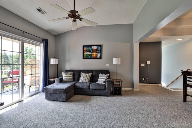 4282 Hickory Park Ln, Batavia Twp, OH 45103 - living area featuring carpet flooring, a ceiling fan, a textured ceiling, and vaulted ceiling