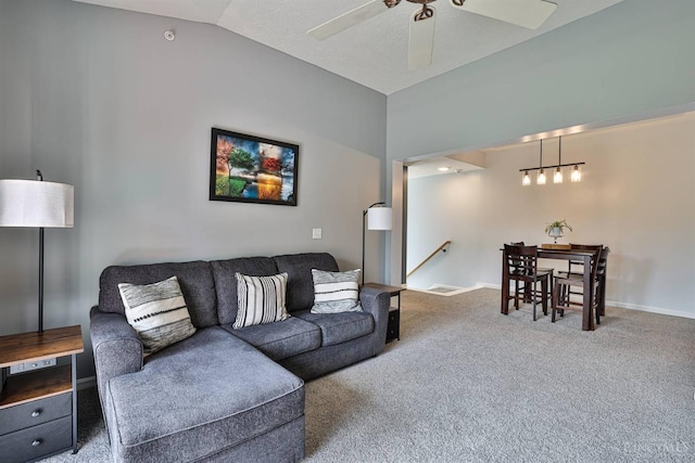 4282 Hickory Park Ln, Batavia Twp, OH 45103 - carpeted living room with a ceiling fan and lofted ceiling