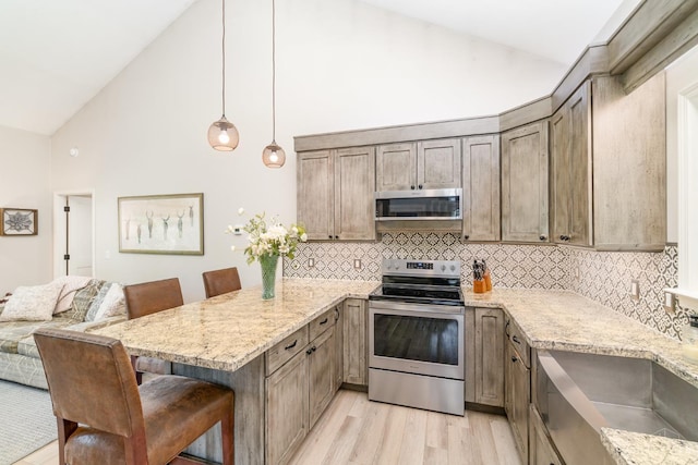 3008 State Route 133, Bethel, OH 45106 - kitchen featuring stainless steel appliances, a peninsula, high vaulted ceiling, light wood finished floors, and decorative backsplash