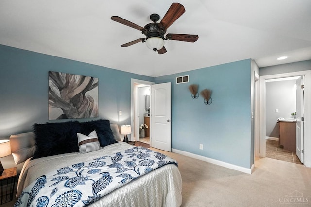 8135 Faller Rd, Hamilton Twp, OH 45039 - bedroom featuring light carpet, a ceiling fan, connected bathroom, and recessed lighting
