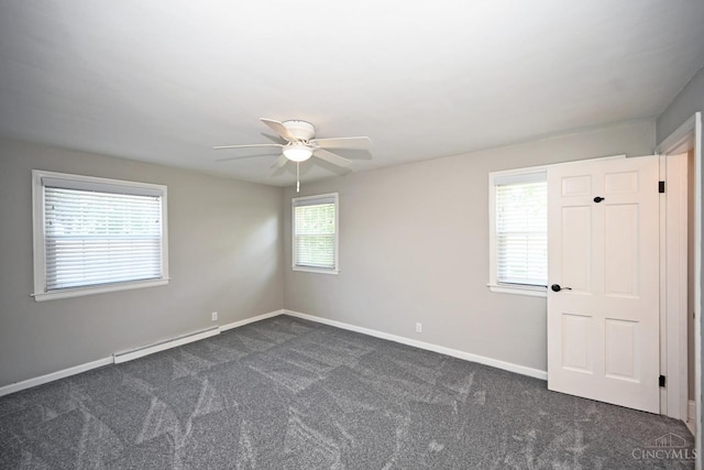 64 Craig Dr, Hamilton, OH 45013 - spare room featuring a baseboard radiator, dark carpet, and ceiling fan