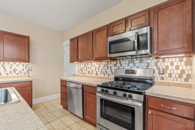 5824 Saranac Ave, Cincinnati, OH 45224 - kitchen with appliances with stainless steel finishes, light countertops, decorative backsplash, brown cabinets, and light tile patterned floors
