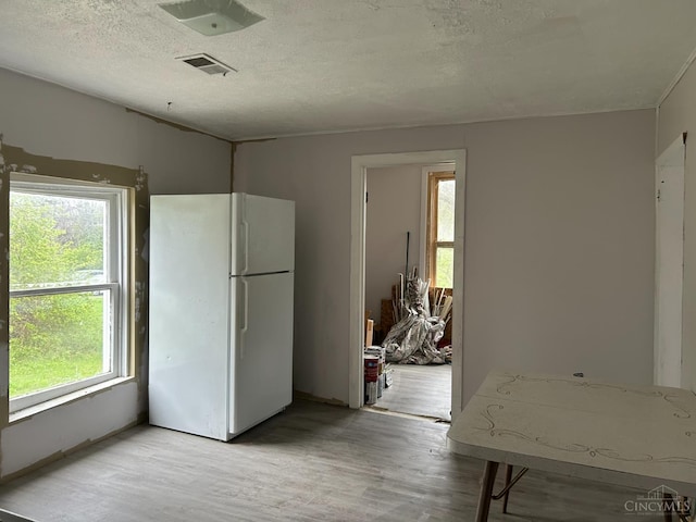 202 E 2nd St, Georgetown, OH 45121 - kitchen with freestanding refrigerator, healthy amount of natural light, light wood-style flooring, and a textured ceiling