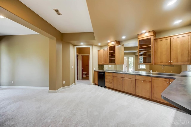 4994 Maxwell Dr, Mason, OH 45040 - kitchen featuring open shelves, light carpet, recessed lighting, black dishwasher, and brown cabinets