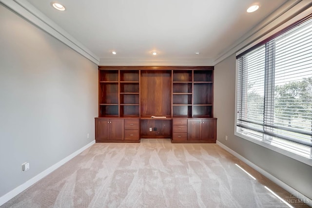 4994 Maxwell Dr, Mason, OH 45040 - unfurnished office featuring light colored carpet, crown molding, recessed lighting, and built in study area