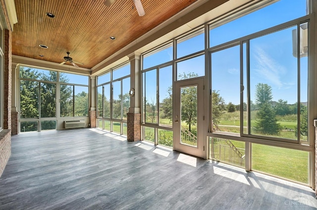 4994 Maxwell Dr, Mason, OH 45040 - unfurnished sunroom with a ceiling fan, wood ceiling, a wall mounted air conditioner, and plenty of natural light