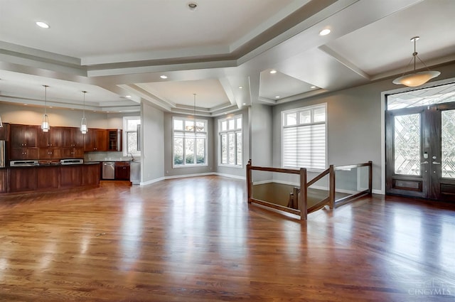 4994 Maxwell Dr, Mason, OH 45040 - unfurnished living room featuring dark wood-style flooring, french doors, and recessed lighting