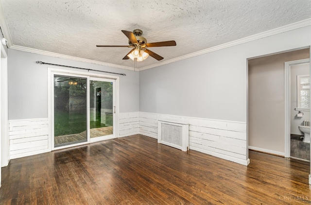 6846 Bryn Mawr Dr, Springfield Twp, OH 45224 - unfurnished room featuring wood finished floors, ceiling fan, a wainscoted wall, a textured ceiling, and crown molding