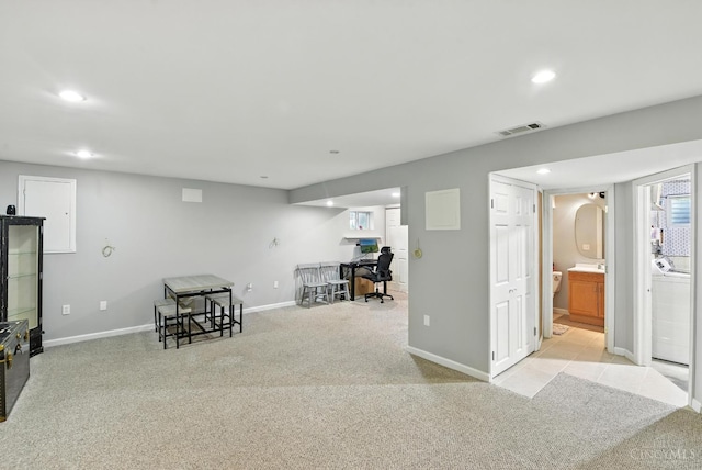 8538 Sunmont Dr, Anderson Twp, OH 45255 - recreation room with carpet, washer / clothes dryer, and recessed lighting