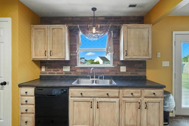 8939 Perry Ave, Franklin, OH 45005 - kitchen featuring black dishwasher, light brown cabinetry, and dark countertops