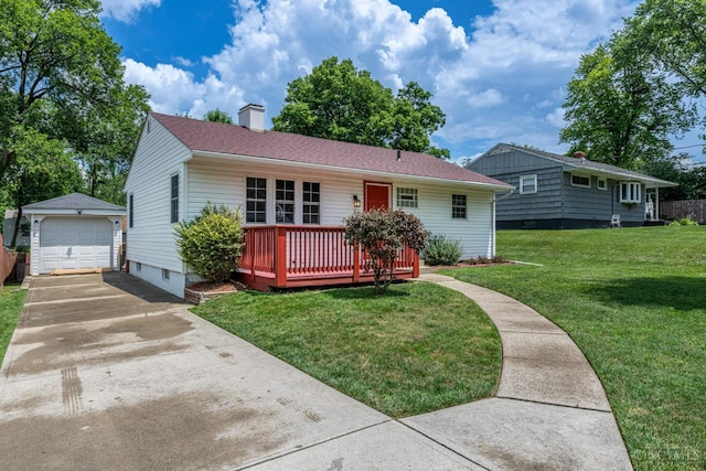 3803 Hampton Pl, Middletown, OH 45042 - view of front of property with concrete driveway, an outdoor structure, a garage, a wooden deck, and a chimney