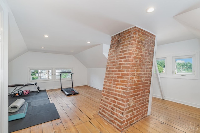 1117 Cypress St, Cincinnati, OH 45206 - exercise room with vaulted ceiling, hardwood / wood-style floors, and recessed lighting