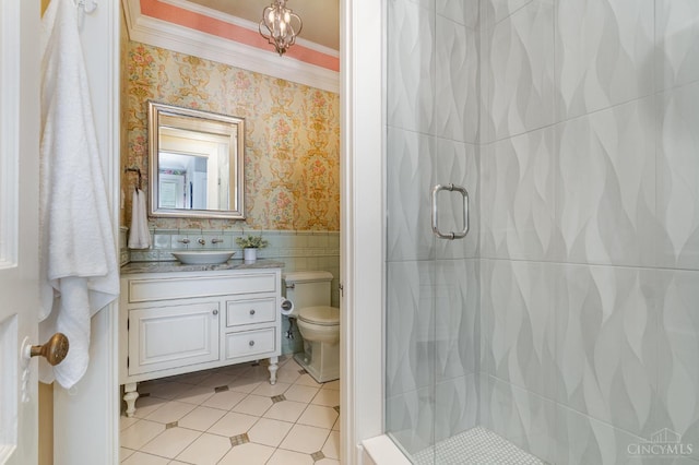 1117 Cypress St, Cincinnati, OH 45206 - bathroom featuring a shower stall, vanity, wallpapered walls, tile patterned flooring, and crown molding