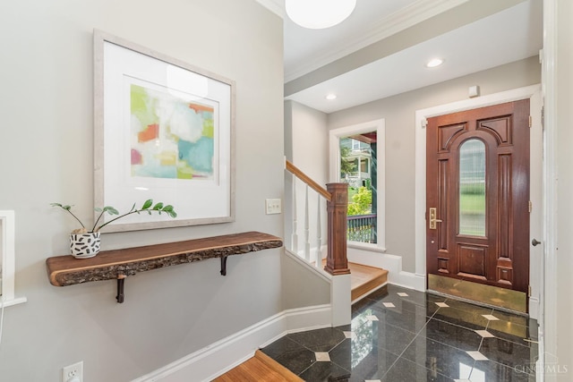 1117 Cypress St, Cincinnati, OH 45206 - foyer entrance with granite tiled floors, recessed lighting, stairs, and ornamental molding