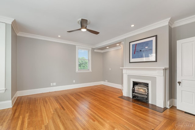 1117 Cypress St, Cincinnati, OH 45206 - unfurnished living room with ceiling fan, crown molding, a fireplace with flush hearth, light wood-style flooring, and recessed lighting